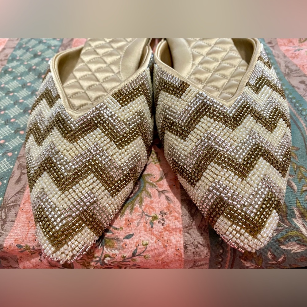 Birdies Beaded Chevron Mules in Cream and Gold